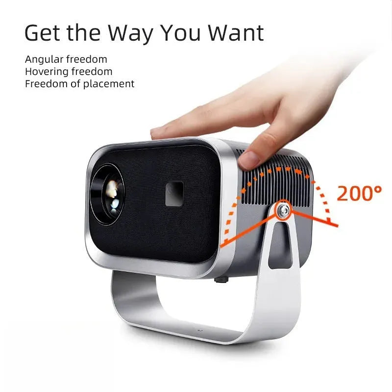 Portable 4K smart home theater projector with mobile phone projection capability showing 1080p resolution display