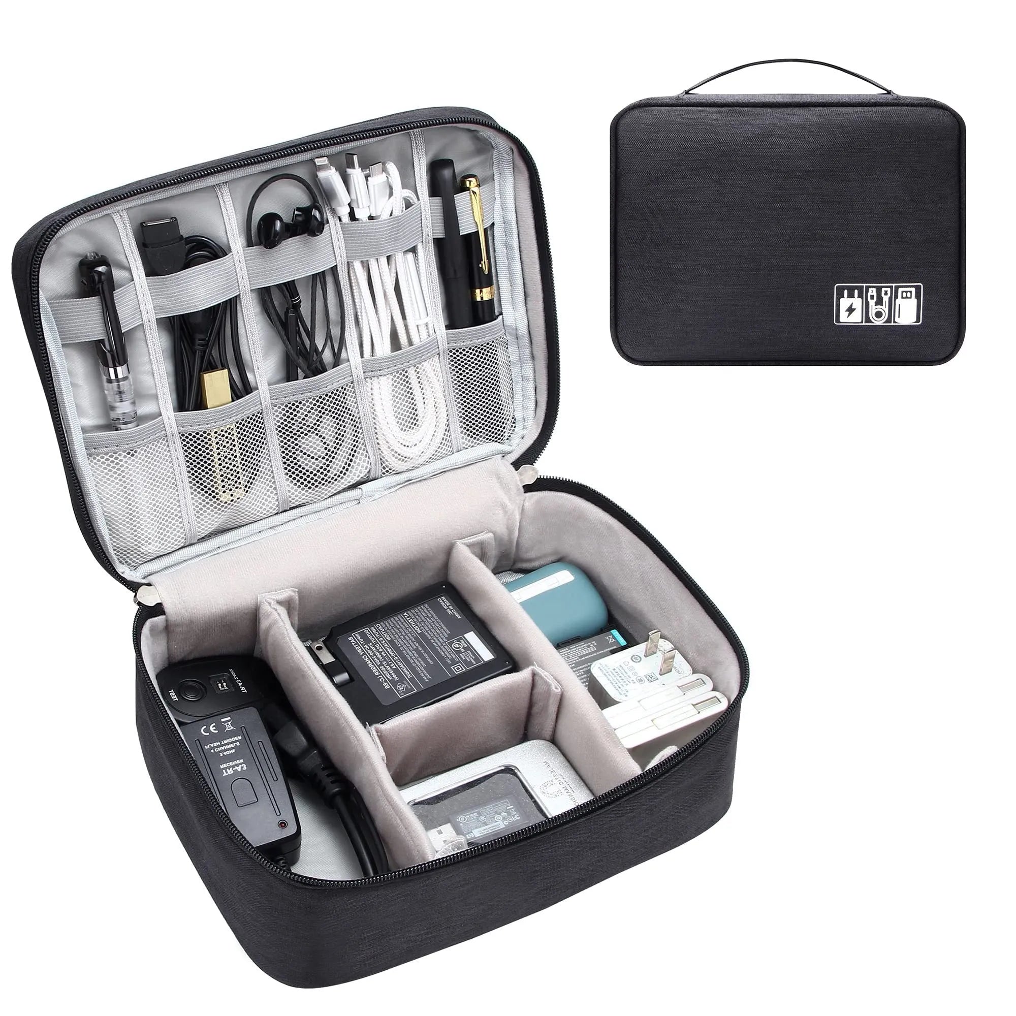 Black waterproof electronics travel organizer case open, showing mesh pockets, elastic loops and removable padded dividers.