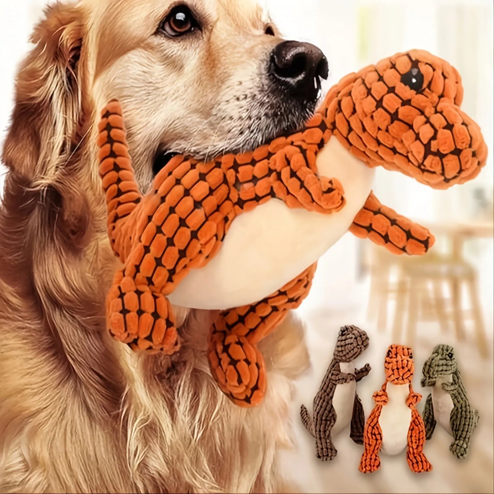 Grey, green, and orange durable rubber dog toy with sound feature for chewing and training.