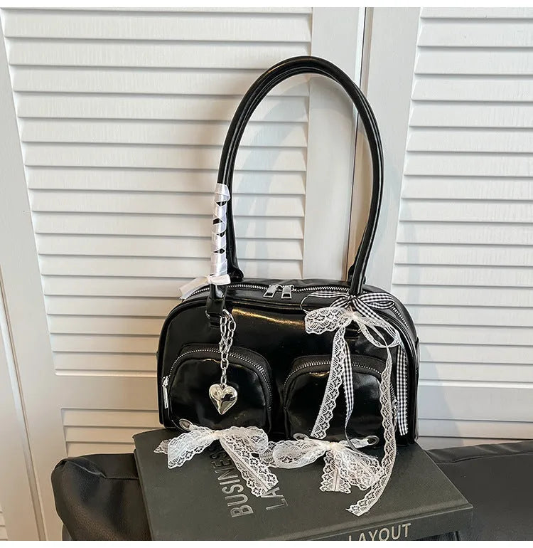 Soft PU leather casual shoulder bag in horizontal square shape with double straps and mobile phone compartment