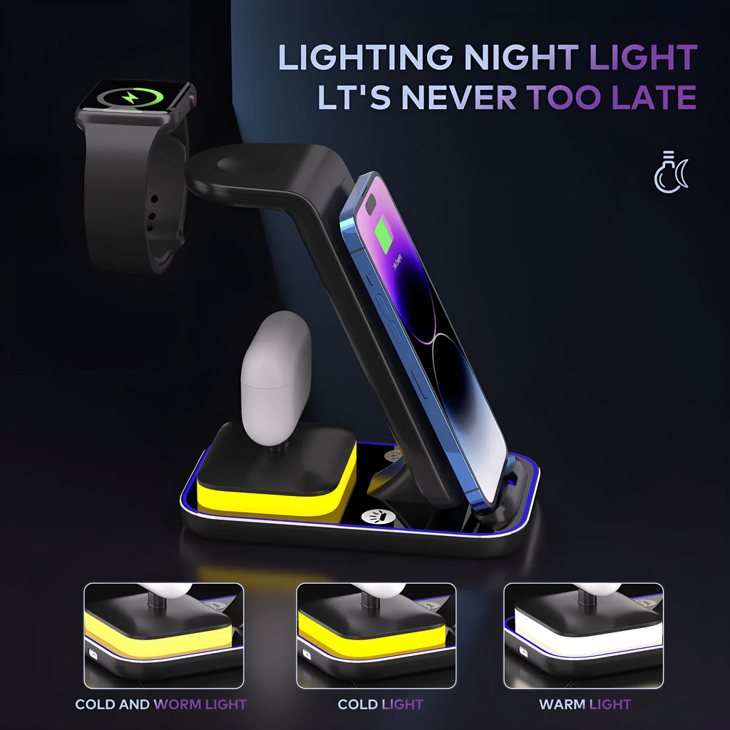 Black vertical wireless charger showing phone, smartwatch and earbuds charging simultaneously