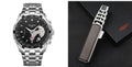 Men's quartz sports watch with stainless steel strap, 47mm round dial, luminous hands, and date display