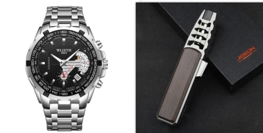 Men's quartz sports watch with stainless steel strap, 47mm round dial, luminous hands, and date display