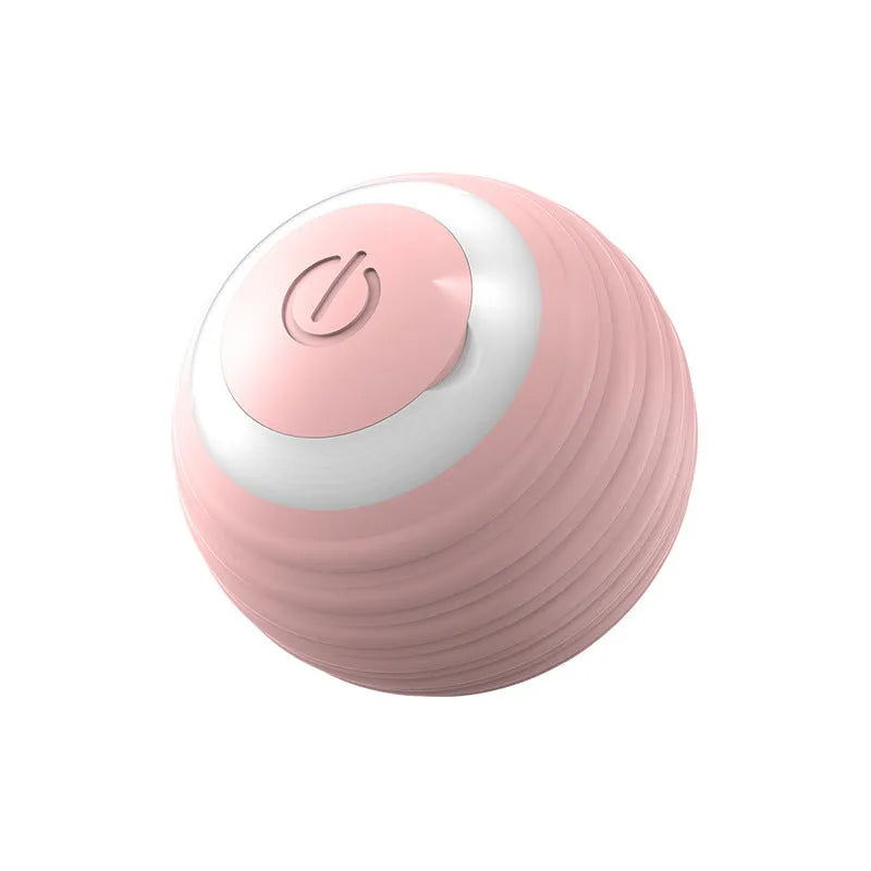 Blue and pink automatic self-moving silicone cat toy ball on a floor.