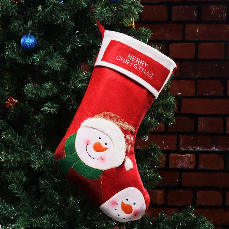 Non-woven fabric Christmas stocking decorations in Elk, Old Man, and Snowman designs.