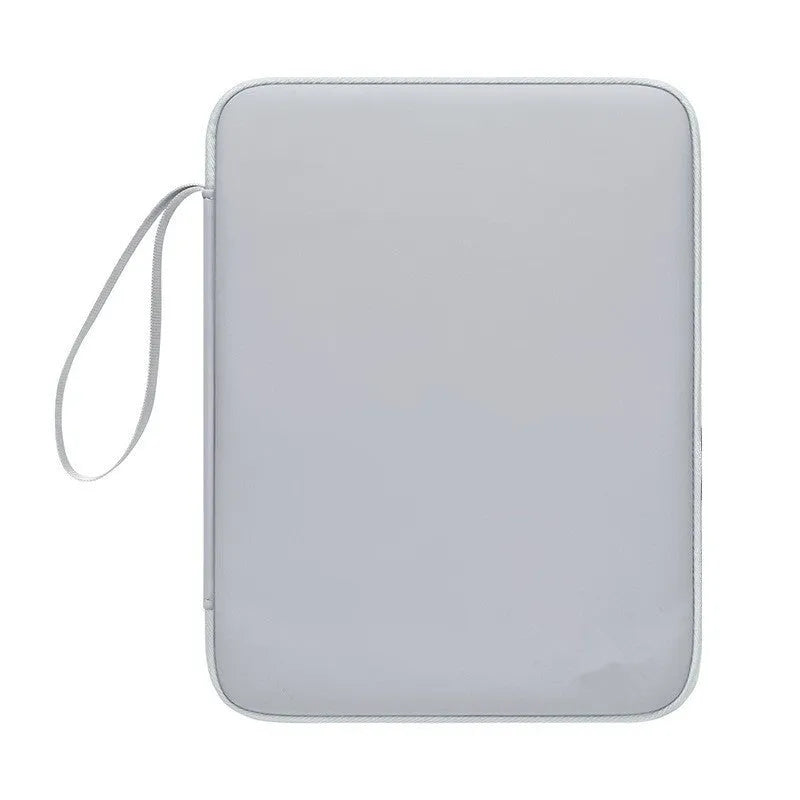 Imitation leather tablet protective case with a carry handle in light grey, shown next to a black variant.