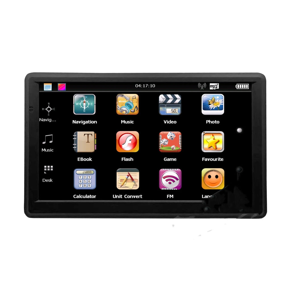 Silver 7 inch car GPS navigation device mounted on a dashboard bracket showing a map on its HD touch screen.