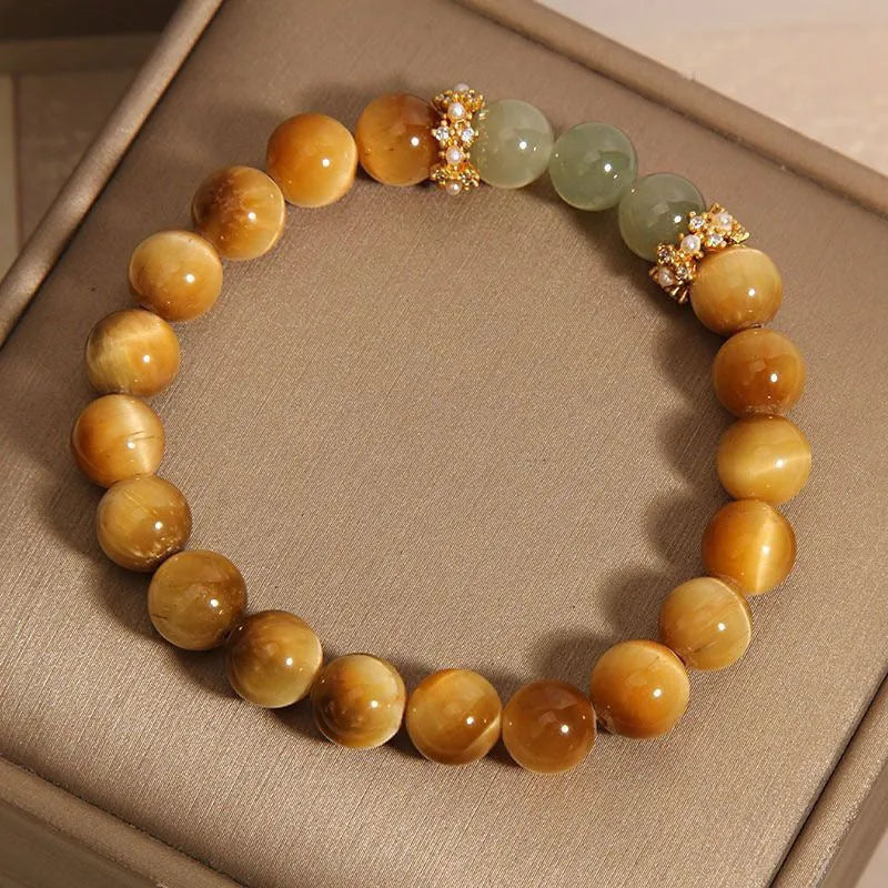 Natural Yellow Tiger's Eye and Hetian Jade bracelet with gold gourd pattern, U-shaped design