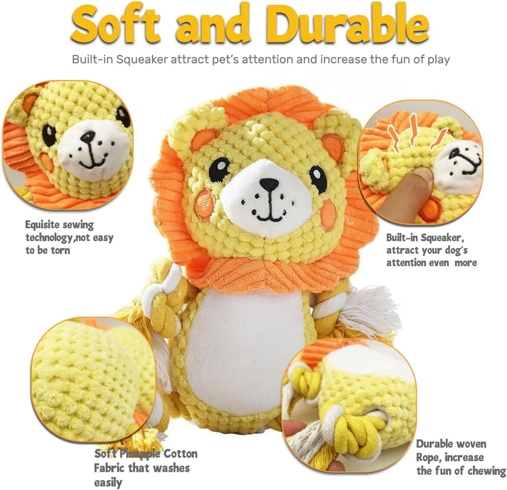 Squeaky monkey plush toy and lion plush dog toy bundle on a white background.