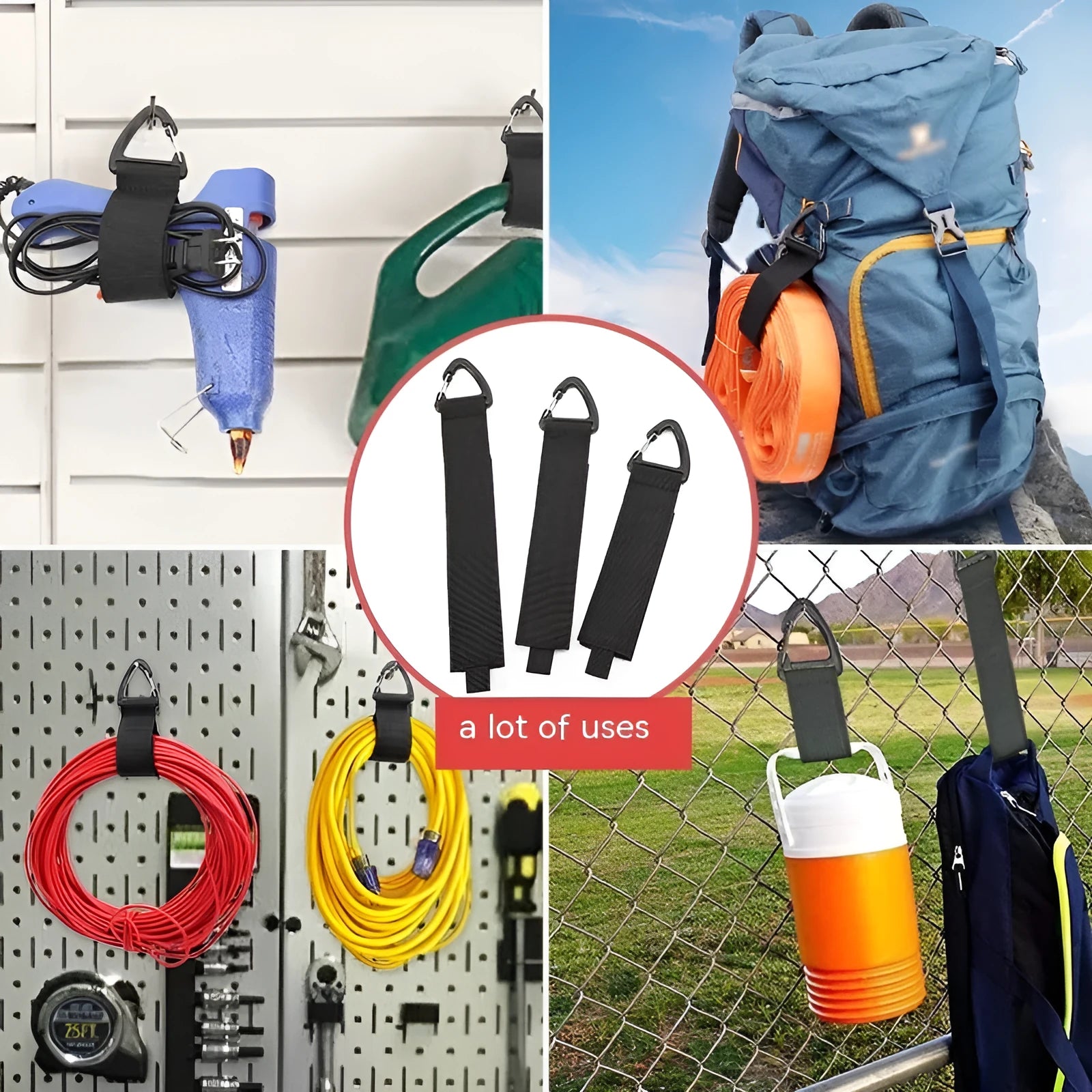 Black heavy-duty storage strap with carabiner hook in three sizes for garage workshop and outdoor use.