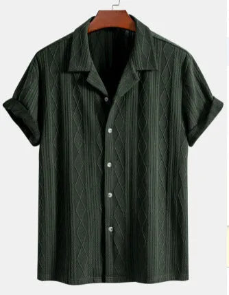 Men's loose black polyester short sleeve casual cardigan on a hanger