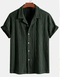 Men's loose black polyester short sleeve casual cardigan on a hanger