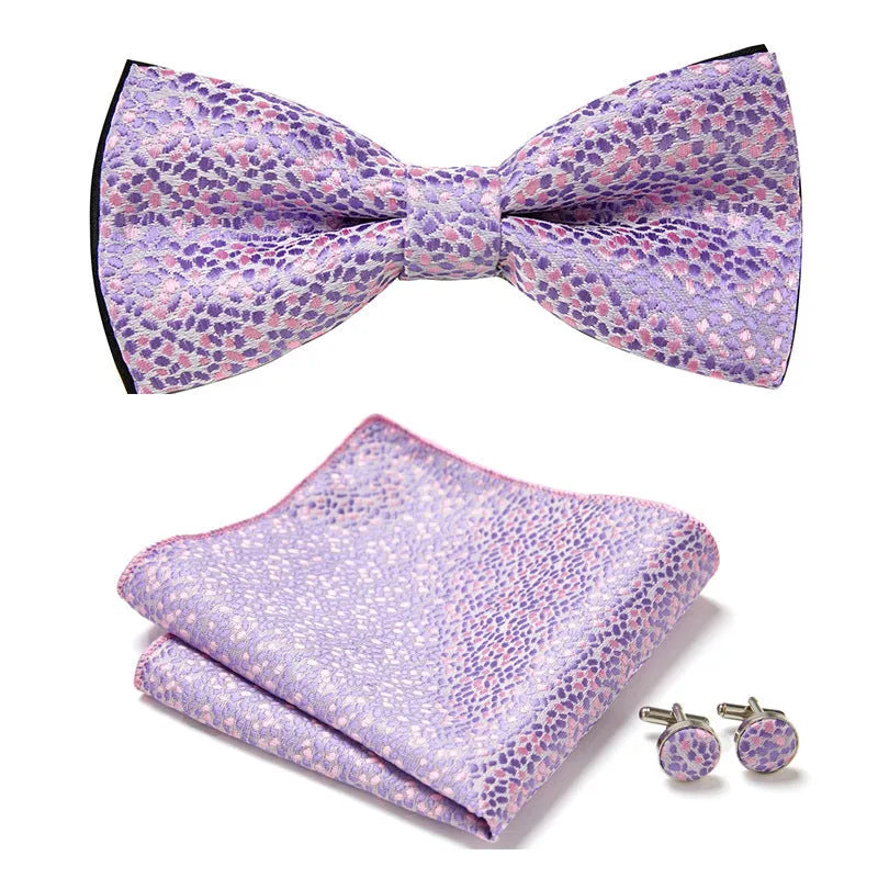 Floral Bow Tie Set of Three Pieces Polyester Yarn Hand-Sewn 12cm by 6cm Bow Tie with Matching Pocket Square 25x25cm and Cufflinks 1.5cm for Men's Formal Wedding and Party Accessories Multistyle Options