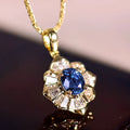 Indian style necklace with inlaid zircon, geometric flower pendant, copper box chain, blue or red colour option