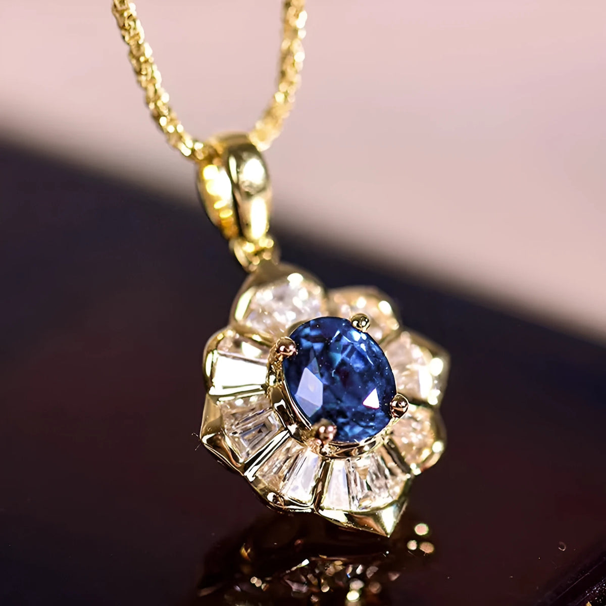 Indian style necklace with inlaid zircon, geometric flower pendant, copper box chain, blue or red colour option