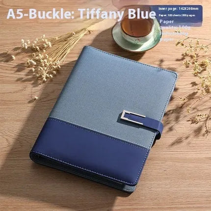 A5 leather notebook in choice of colours with gift box, open to show wood-free paper.