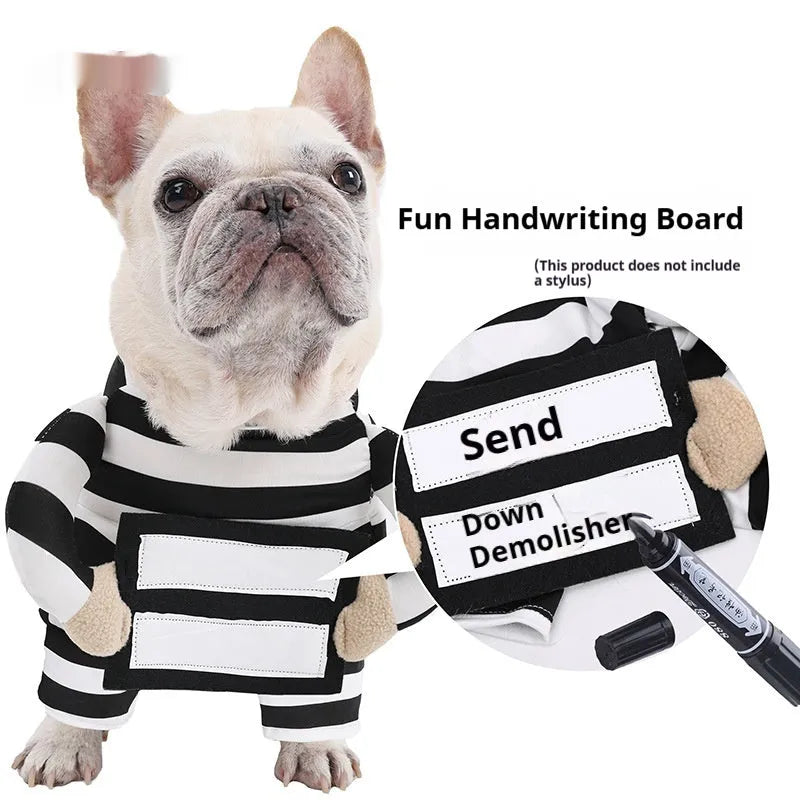 Black and white striped dog Halloween pet costume made from polyester on a white background