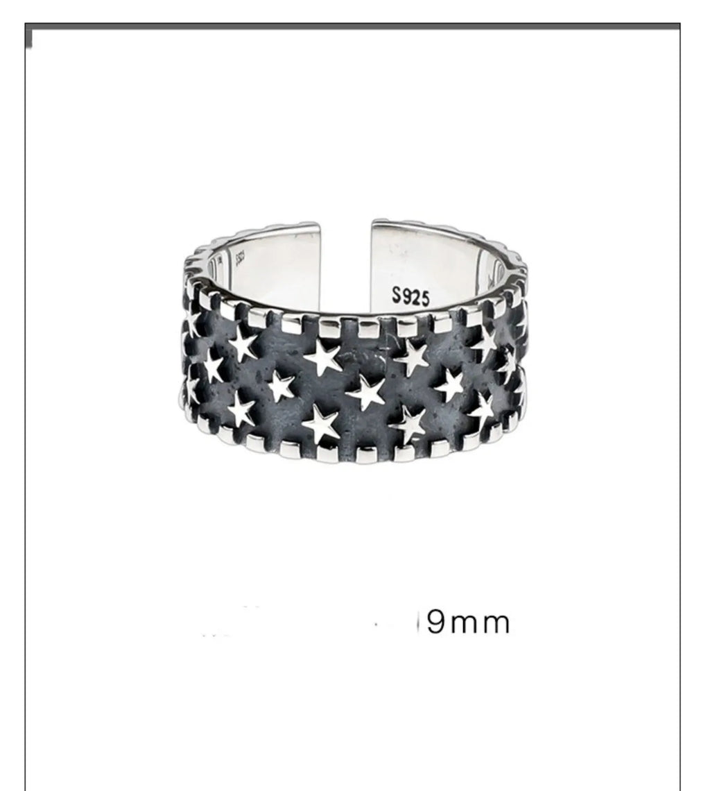 925 silver geometric star pattern adjustable opening ring
