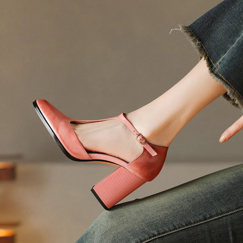 Baotou hollow women's retro pointed mary jane shoes in first layer cowhide with buckle.
