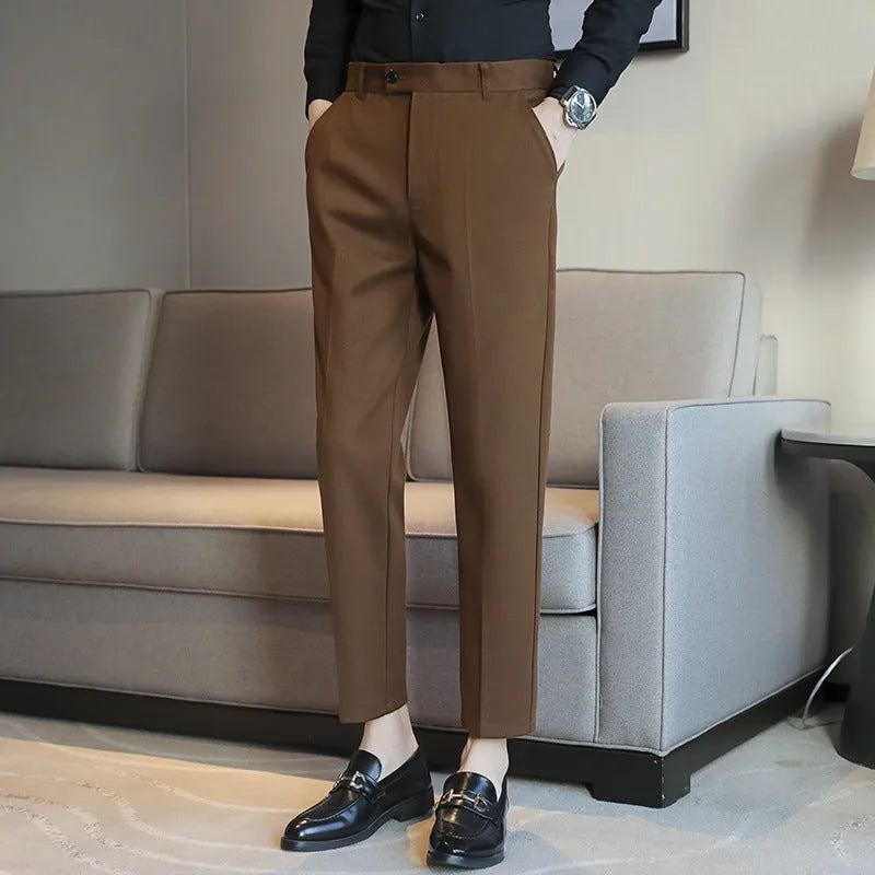 Men's brown corduroy straight fit trousers with elastic waistband for business casual wear