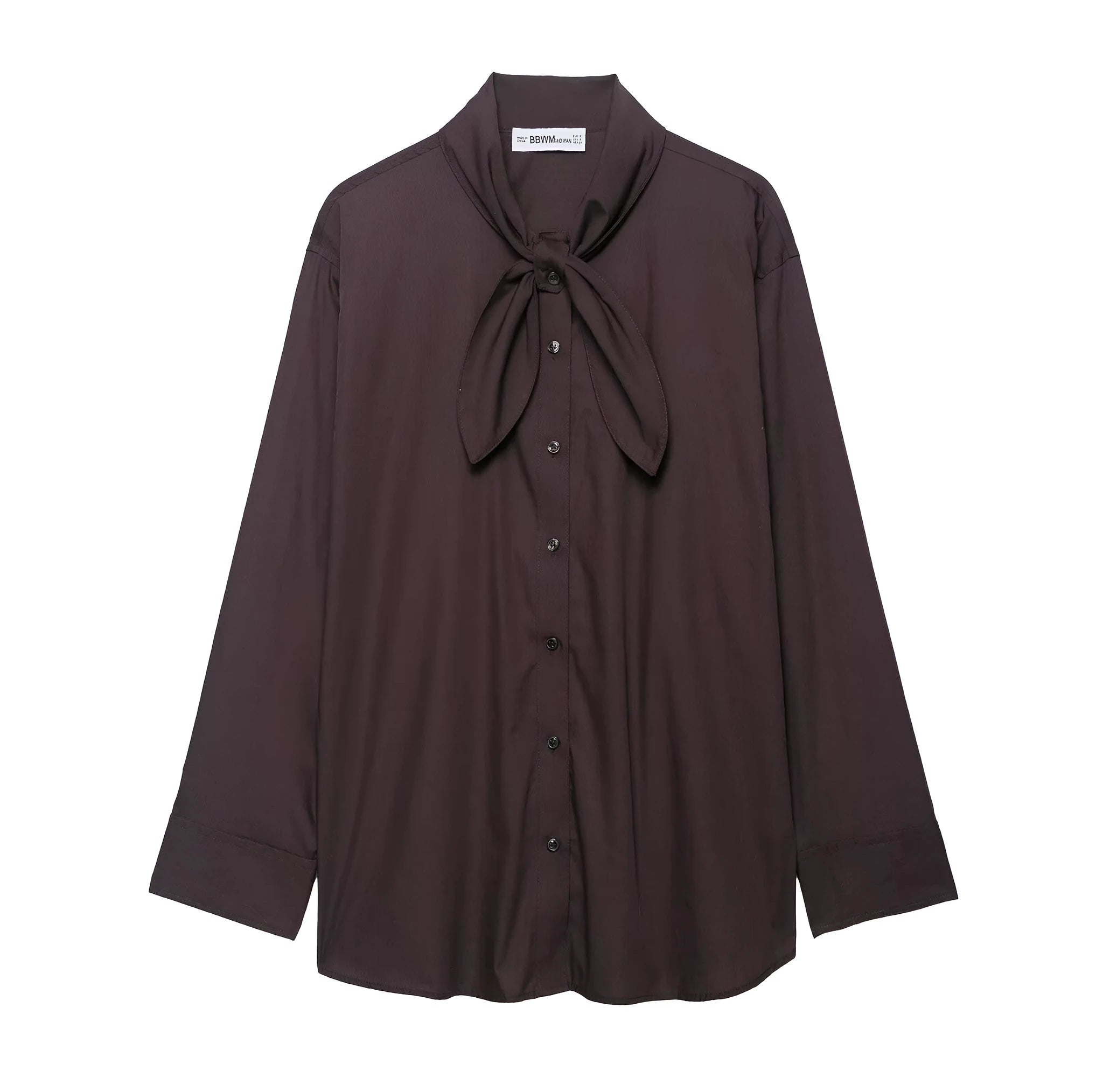 Brown women's poplin shirt with scarf bow tie detail and loose cardigan style