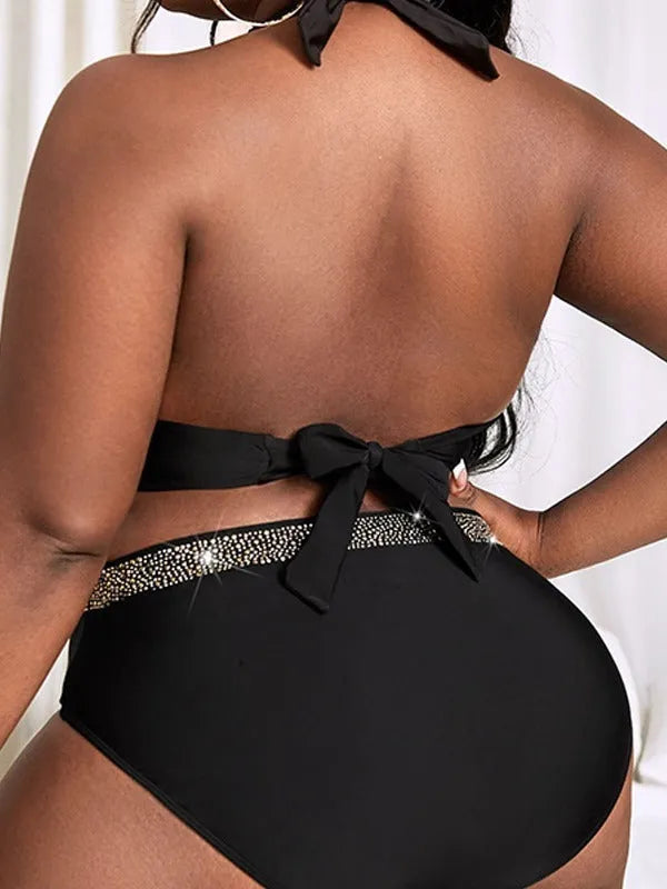 Black plus size women's swimsuit bikini with bra top and shorts