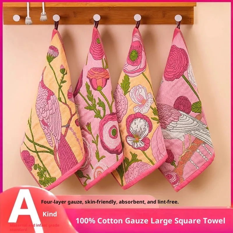 Class A pure cotton gauze square towel 40x34cm in printed Pink Phoenix, Peony, Smoke Bird, and White Pigeon designs