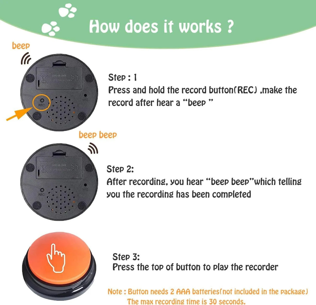 Voice recording button for pet training showing 30-second record playback function in one of five colours.