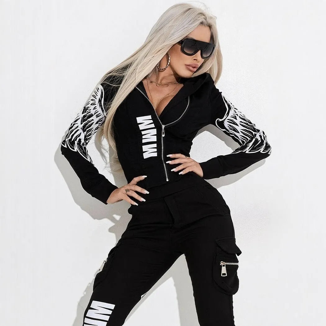 Black women's hooded casual suit with wings print pattern, featuring a zip top and matching trousers.