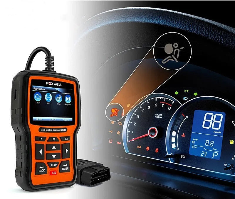 Foxwell NT510 orange black automotive diagnostic tool with OBD2 scanner and reset functions