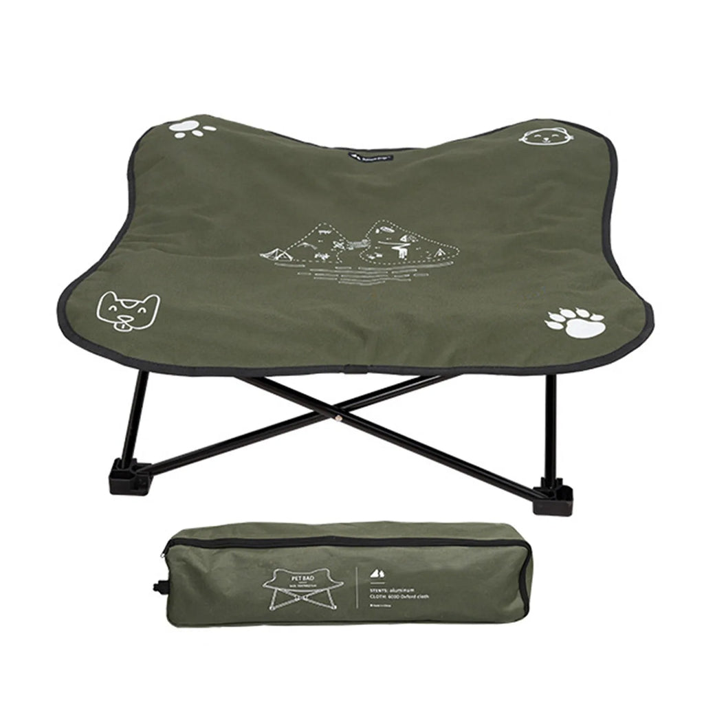Outdoor pet folding bed with aluminium alloy X-frame and black 600D Oxford cloth sleeping surface