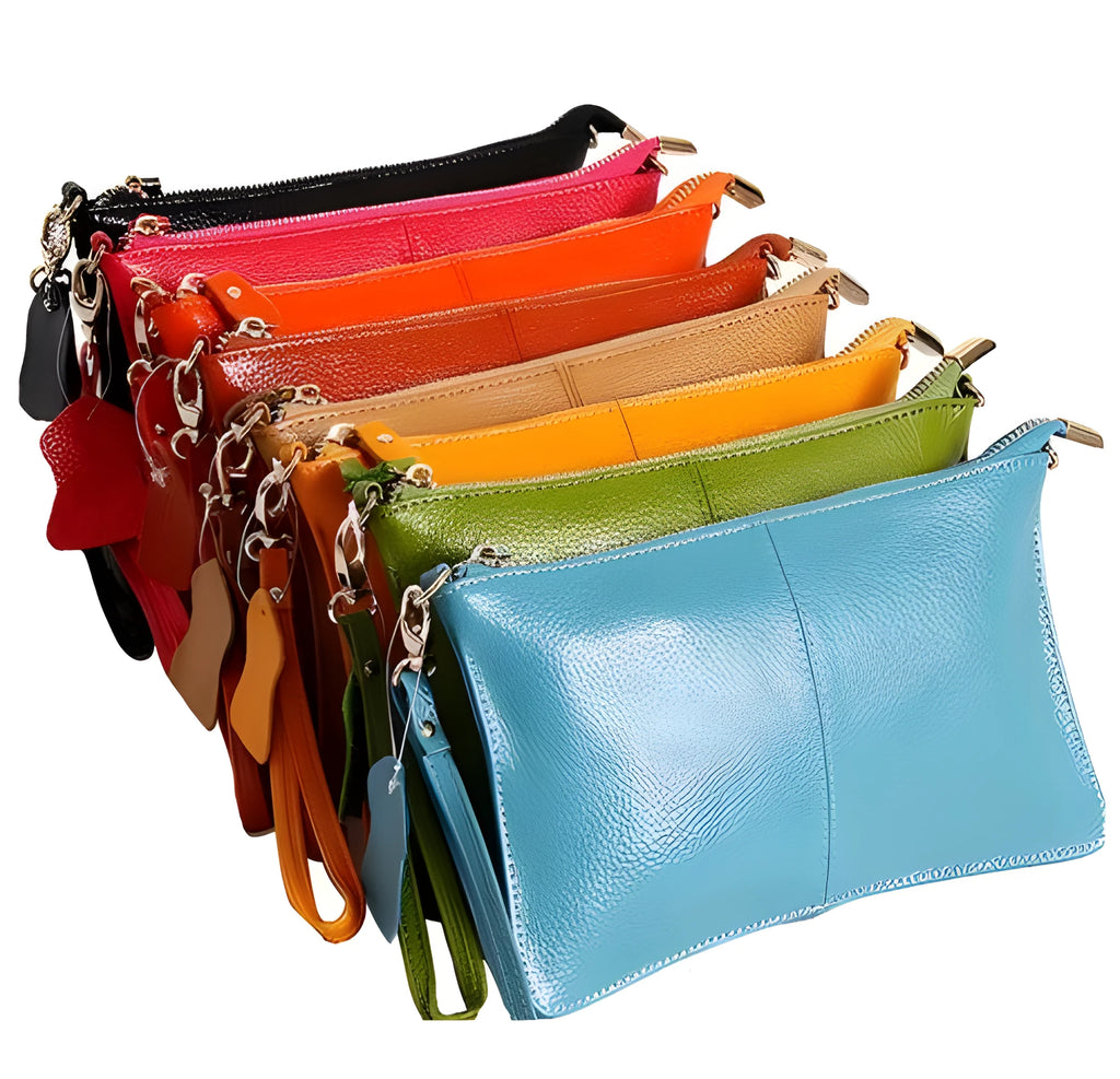 Lady cowhide slant bag showing compact design with hand strap and shoulder strap options