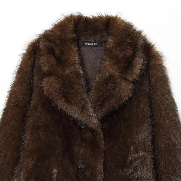 Women's double-sided artificial fur jacket coat in brown with faux fur collar