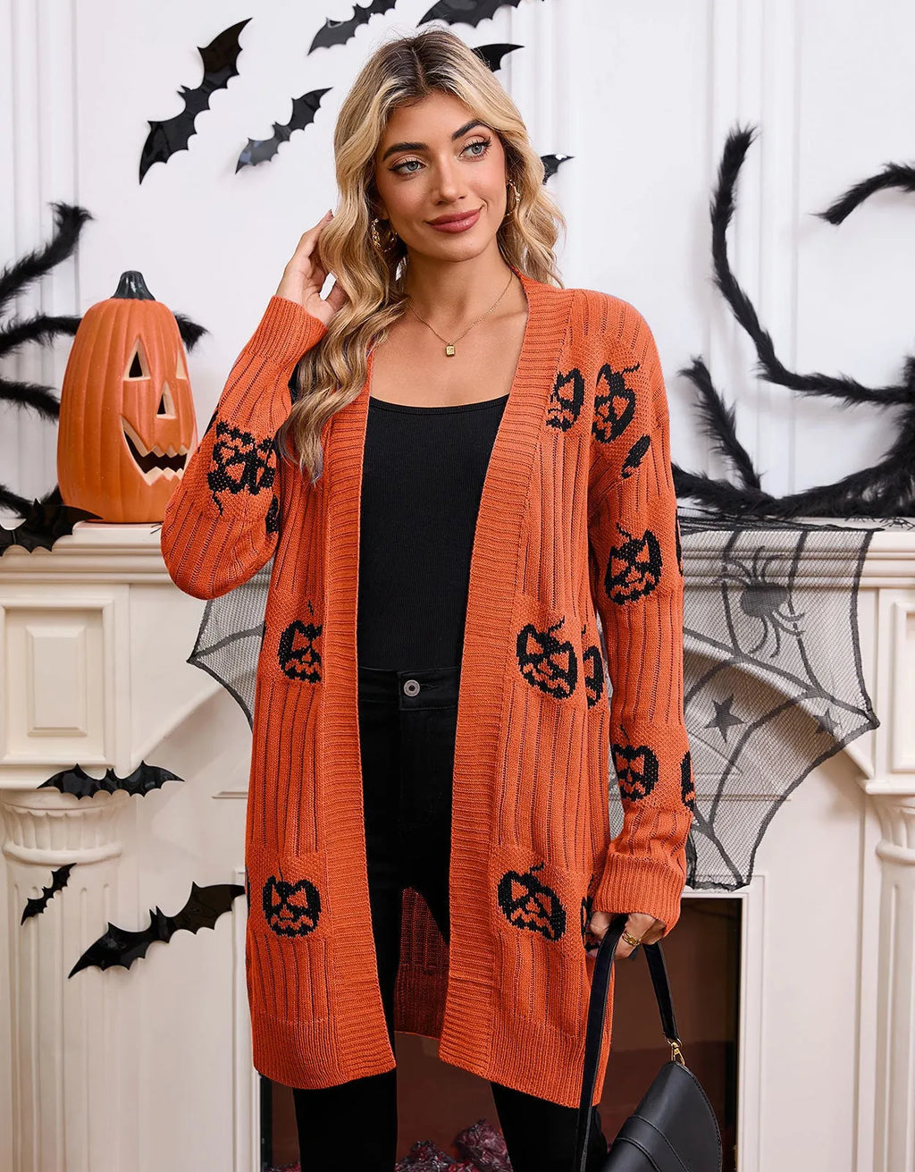 Women's Halloween pumpkin head Jacquard knitted cardigan sweater in straight fit