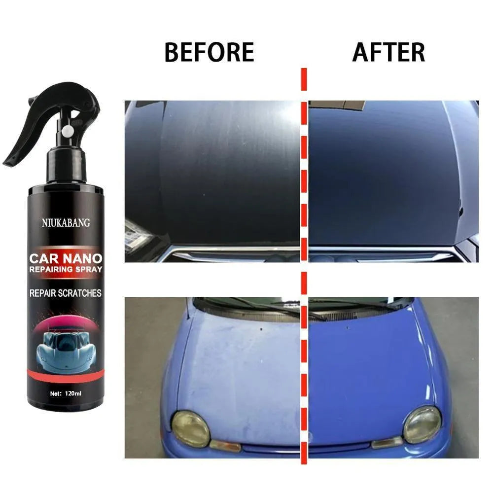 Nano car repairing spray bottle in 30ml, 50ml, 100ml, or 120ml size for light scratch and swirl removal on car paint.