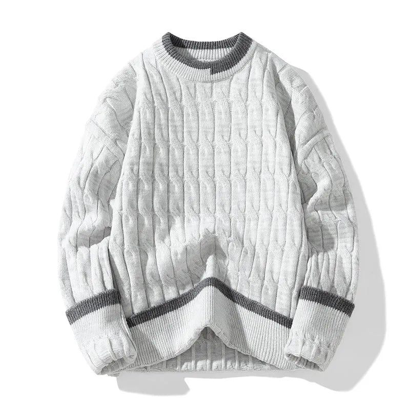 Men's loose fit grey acrylic and modal pullover sweater with long sleeves on a hanger.