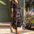 Women's V-neck chiffon dress with high waist and A-line skirt in printed design