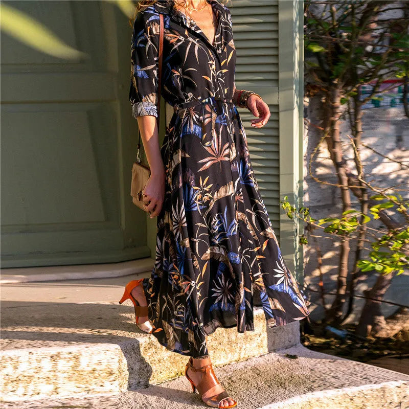 Women's V-neck chiffon dress with high waist and A-line skirt in printed design