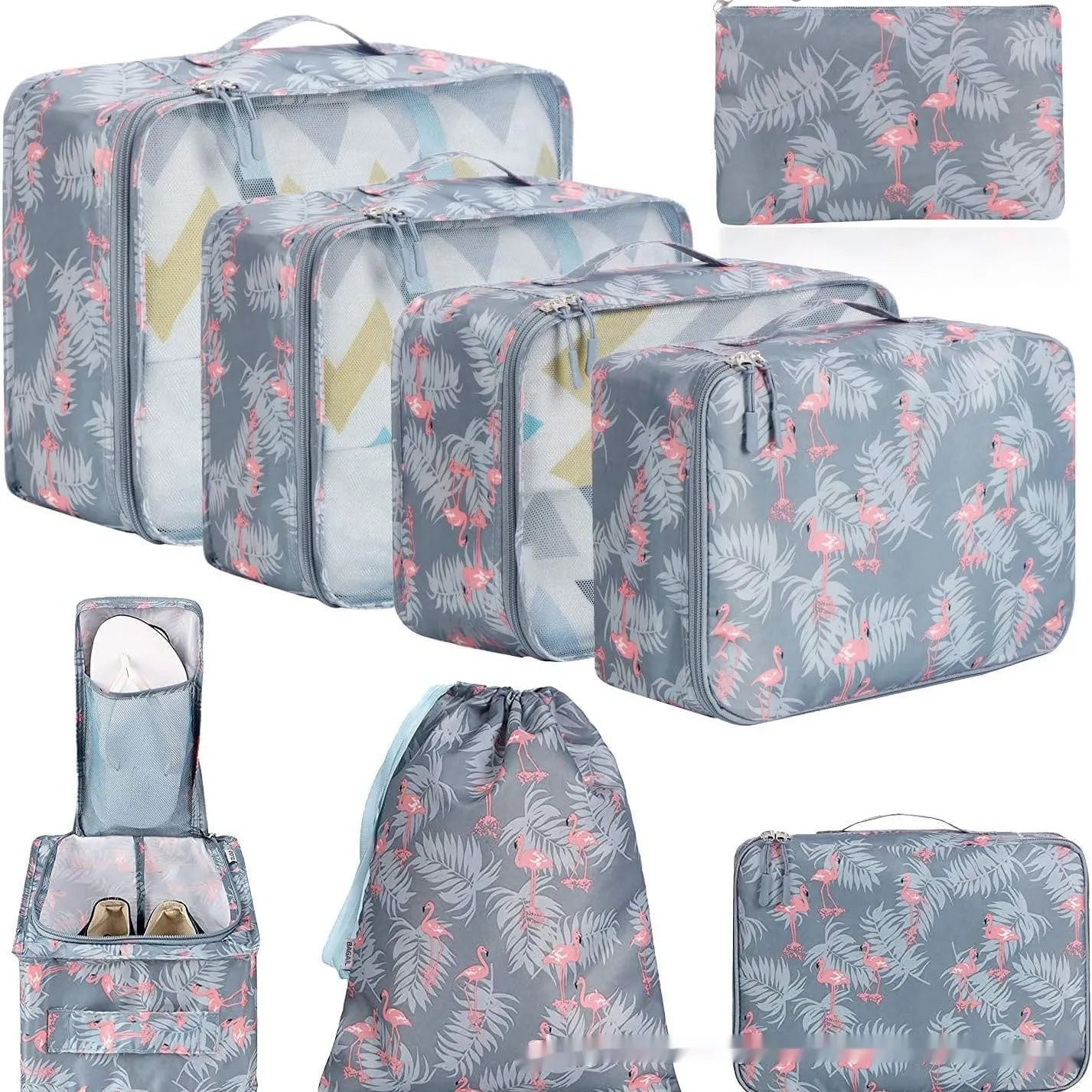 Set of eight cubic packing cubes for travel organisation in various colours including beige, black, and pink leopard print.