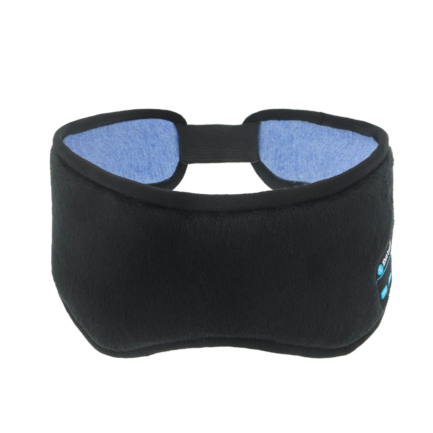 Black Bluetooth sleep eye mask with built-in speakers and soft fabric.