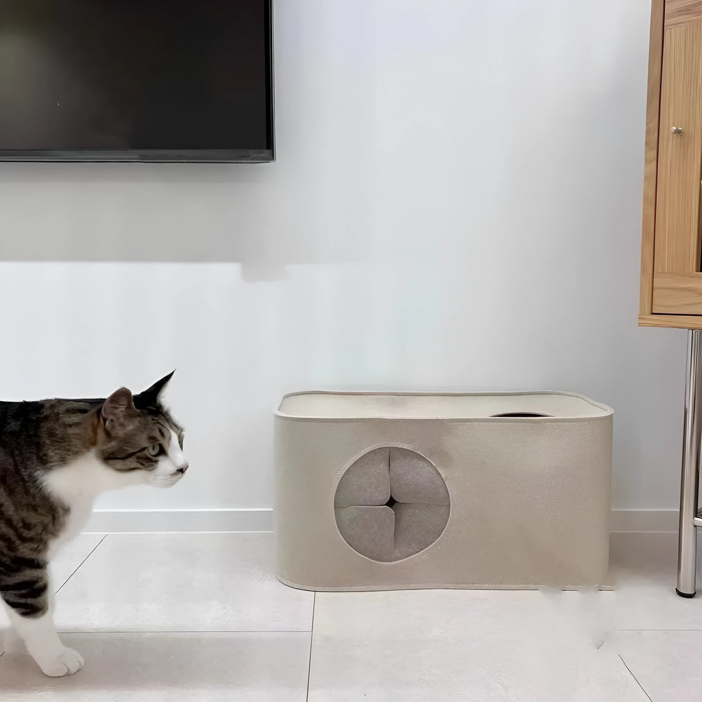 Foldable khaki felt cat bed shown in both unfolded and compact folded positions.