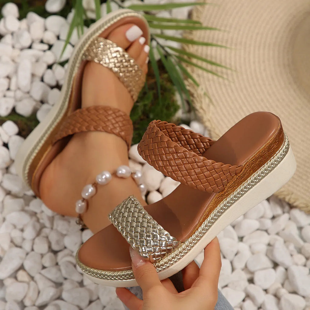 Women's gold plus size wedge sandals with adjustable strap and rubber wedge sole