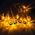 Halloween LED string lights with 10 pumpkin ghost bat spider skull pendants on white 1.2m waterproof cable