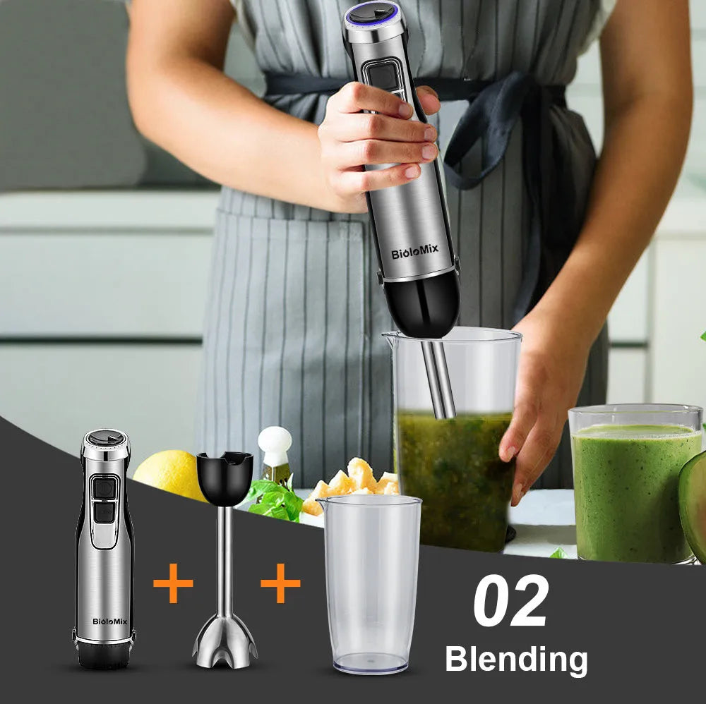 Biolomix 4-in-1 hand blender with stainless steel shaft, whisk, chopper bowl, and blending beaker in black