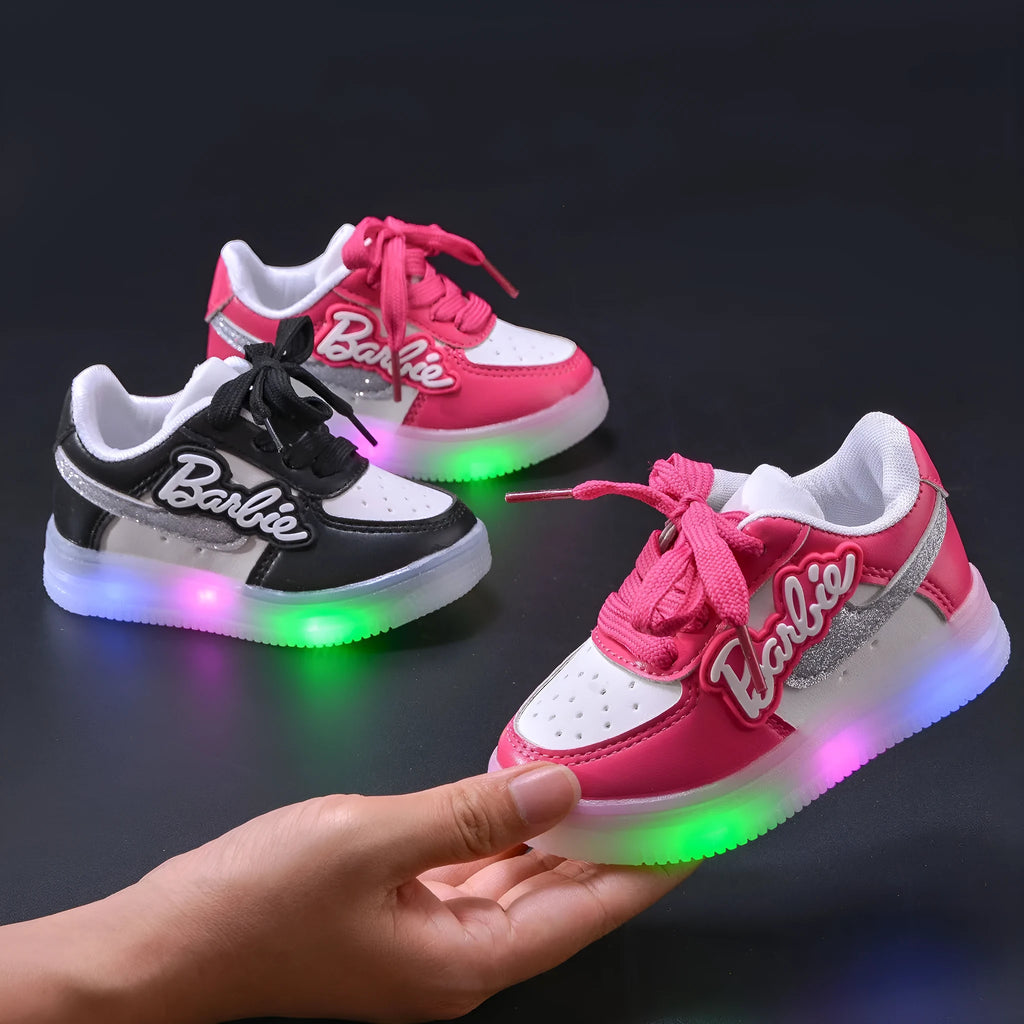 Girls' soft soled board shoes with letter pattern and sequins, black or pink, Velcro fastening, sizes 21-30