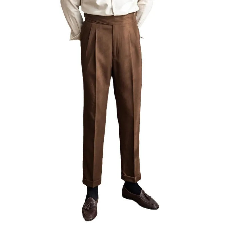 Men's high-waist straight-leg casual trousers in black, shown front and back.