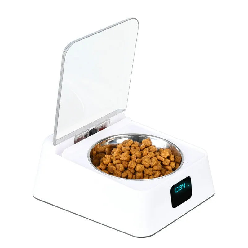 White automatic pet feeder with 5G bowl, compact size 210x170x92mm, gravity-fed design for dogs and cats
