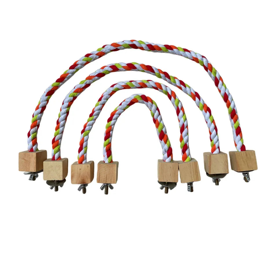 Parrot climbing rope toy with wooden rings in 30cm size, natural wood and rope construction, dark floral pattern
