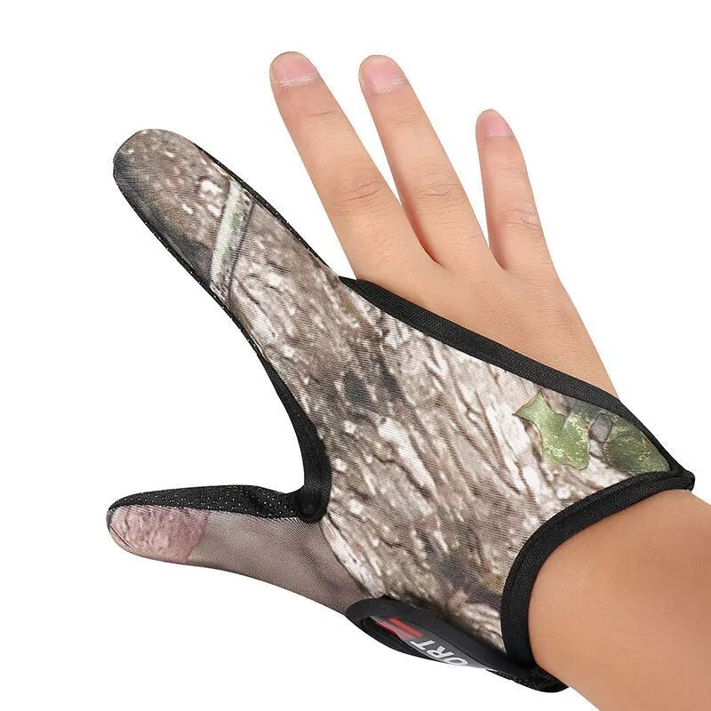 Single two-finger fishing glove in camouflage colour showing diving cloth back and microfiber palm.