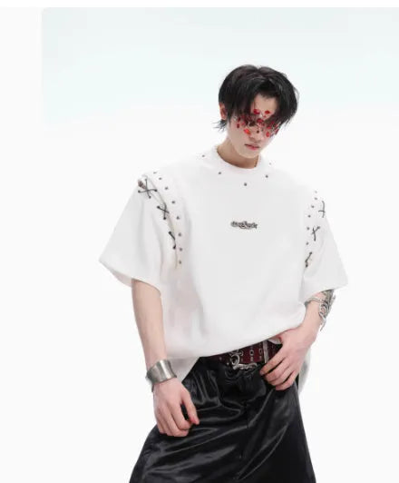 Women's black short sleeve T-shirt with deconstructed lace-up cutout detail on front